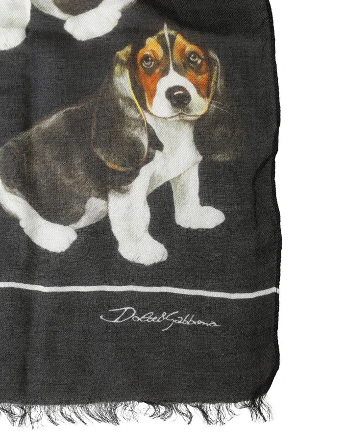 Dolce &amp; Gabbana Black Dog Print Modal Wool Wrap Foulard 178cm X 63cm Scarf