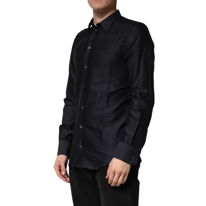 Dolce &amp; Gabbana Black Dotted Cotton Collared GOLD Dress Shirt