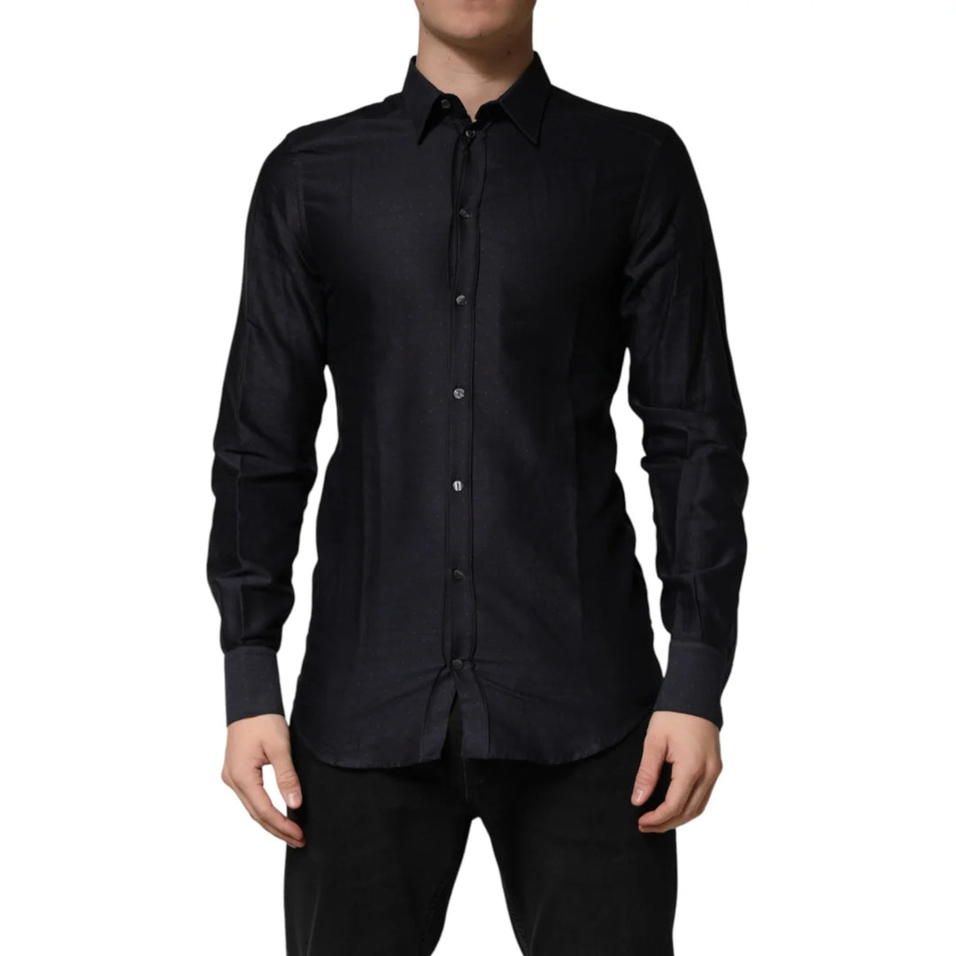 Dolce &amp; Gabbana Black Dotted Cotton Collared GOLD Dress Shirt