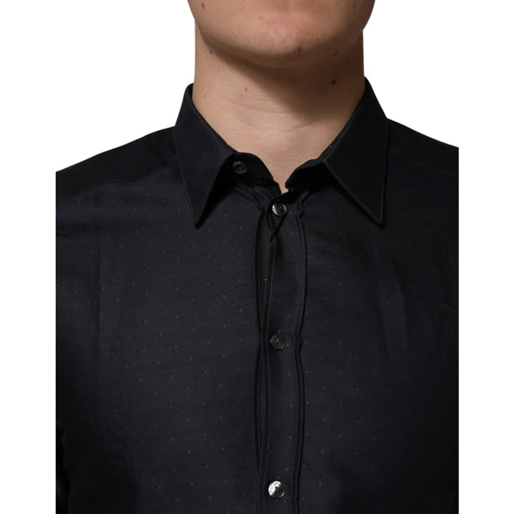 Dolce &amp; Gabbana Black Dotted Cotton Collared GOLD Dress Shirt