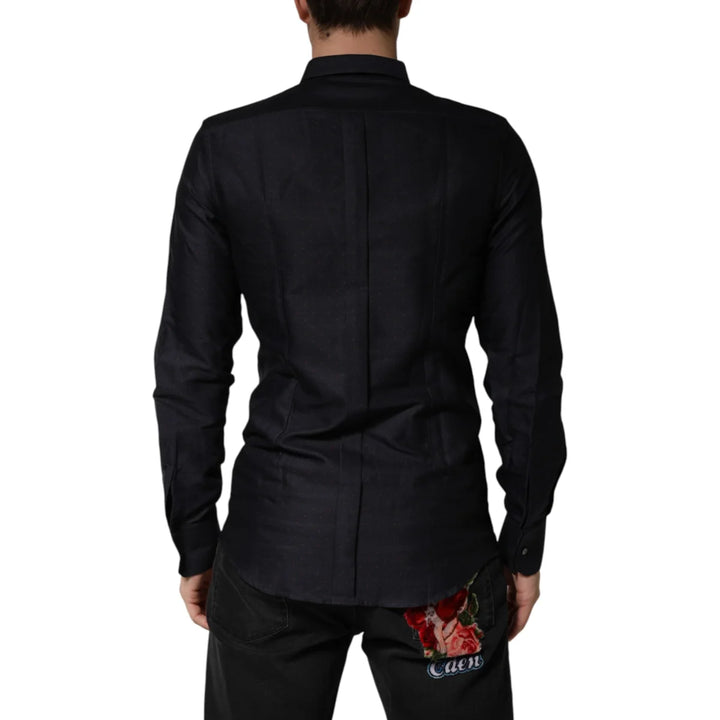 Dolce &amp; Gabbana Black Dotted Cotton Collared GOLD Dress Shirt