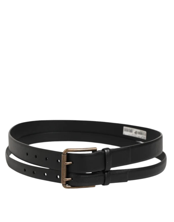 Dolce &amp; Gabbana Black Double Strap Leather Brass Buckle Belt