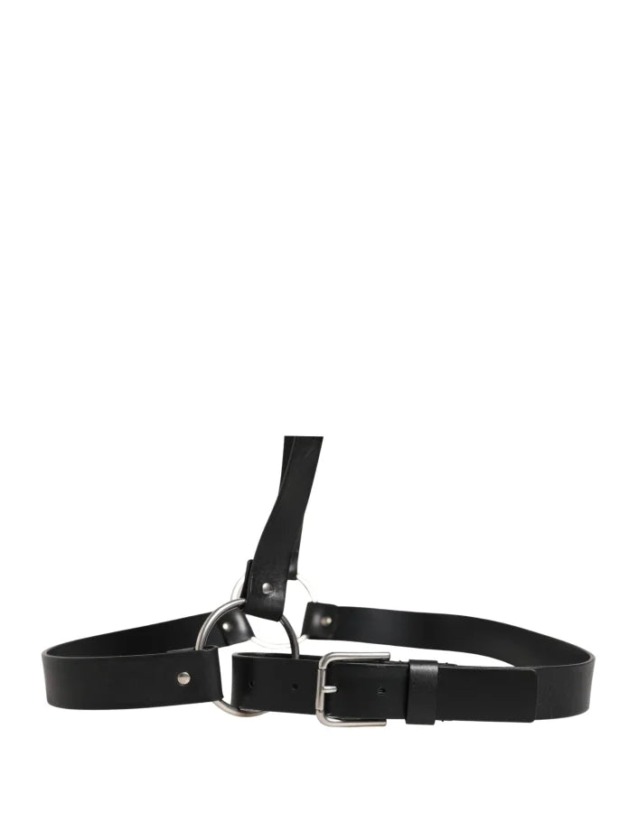 Dolce &amp; Gabbana Black Double Strap Leather Silver Buckle Belt
