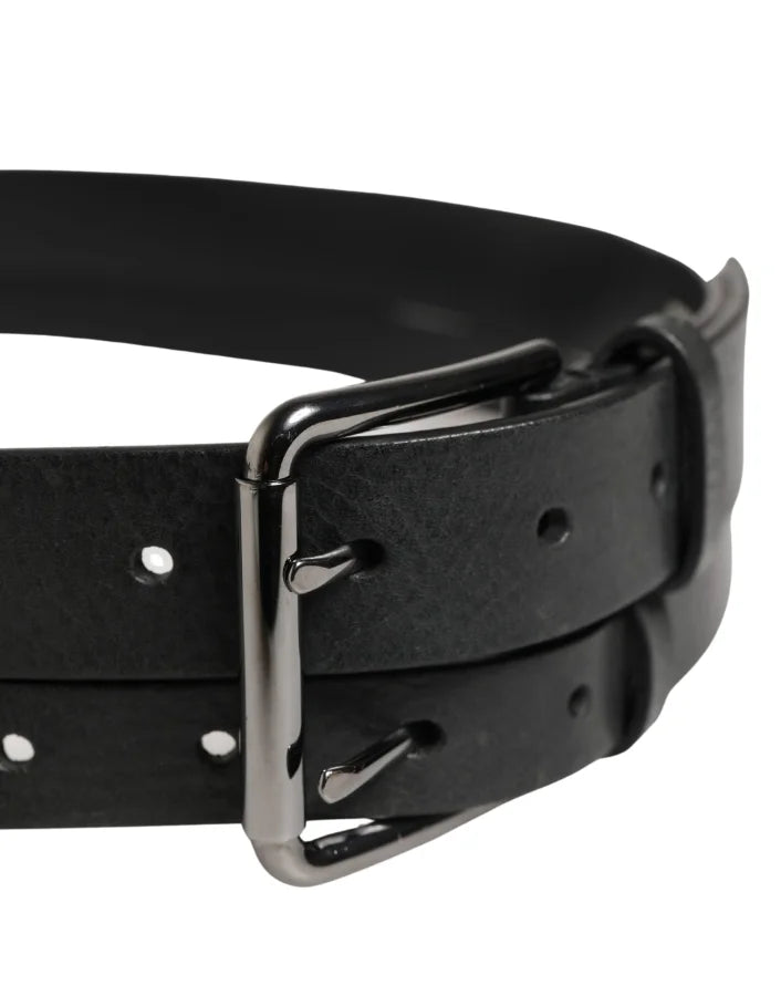 Dolce &amp; Gabbana Black Double Strap Leather Silver Buckle Belt