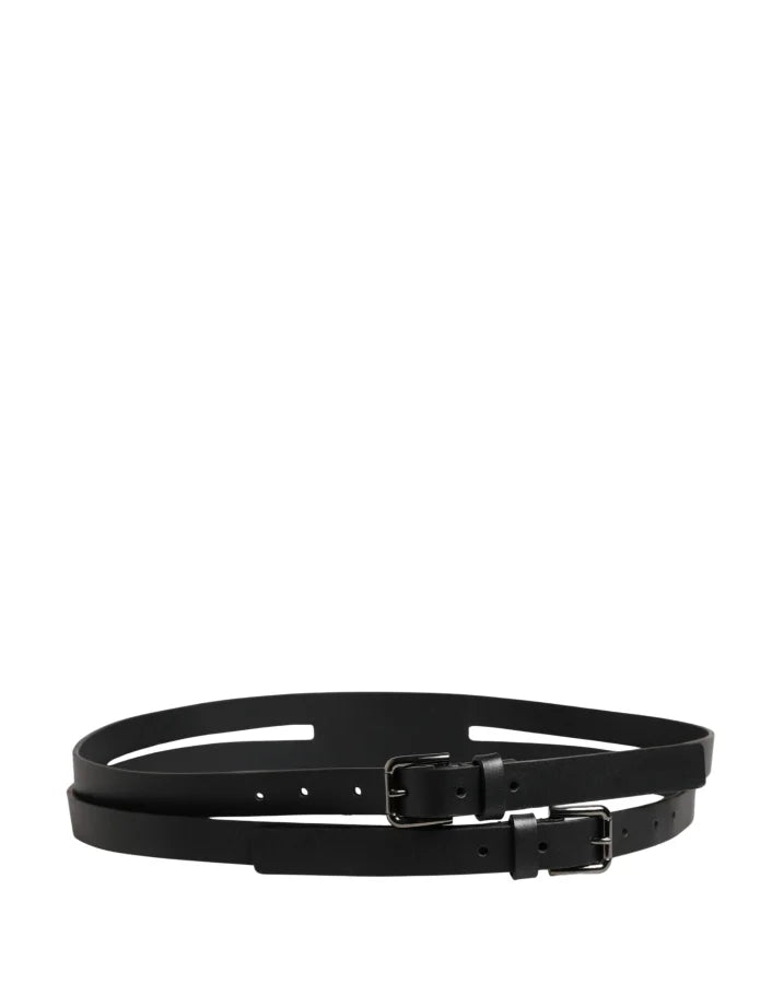 Dolce &amp; Gabbana Black Double Strap Leather Silver Buckle Belt