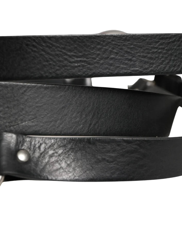 Dolce &amp; Gabbana Black Double Strap Leather Silver Buckle Belt