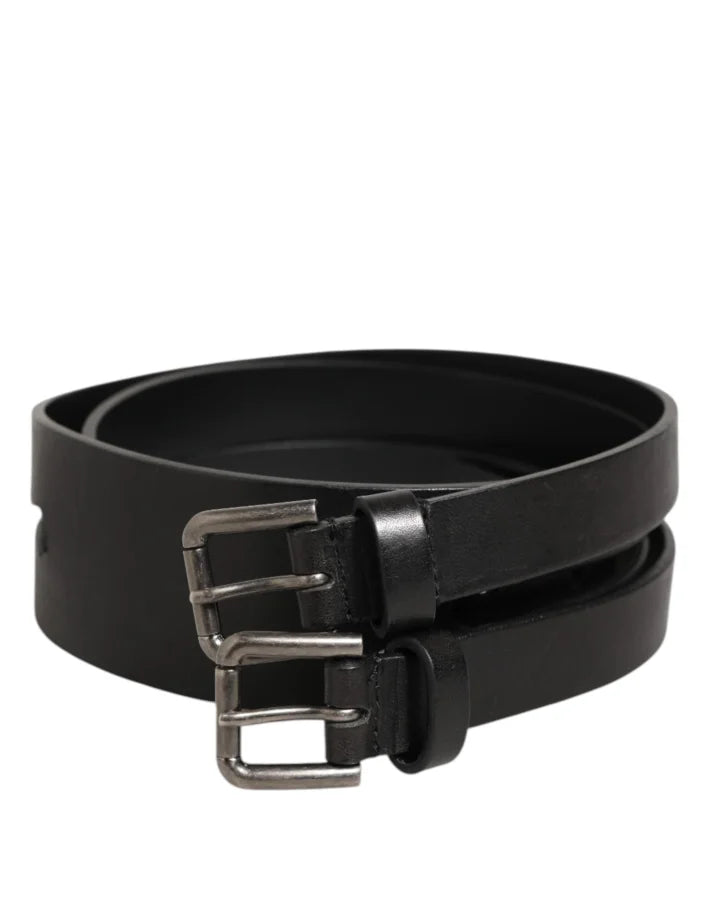 Dolce &amp; Gabbana Black Double Strap Leather Silver Buckle Belt