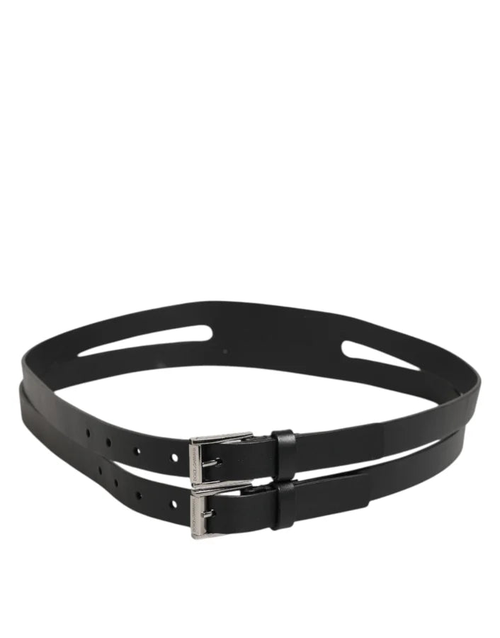 Dolce &amp; Gabbana Black Double Strap Leather Silver Buckle Belt