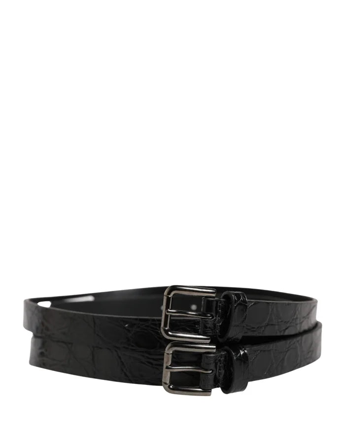 Dolce &amp; Gabbana Black Double Strap Leather Silver Buckle Belt