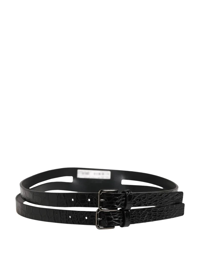 Dolce &amp; Gabbana Black Double Strap Leather Silver Buckle Belt