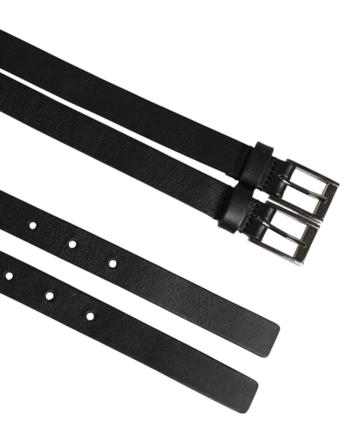 Dolce &amp; Gabbana Black Double Strap Leather Silver Buckle Belt