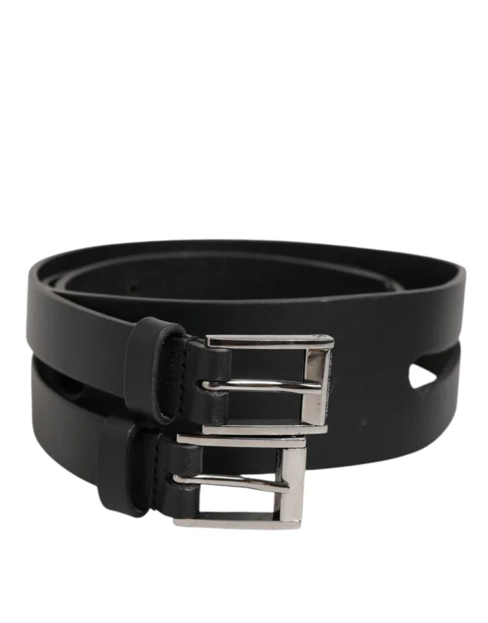 Dolce &amp; Gabbana Black Double Strap Leather Silver Buckle Belt