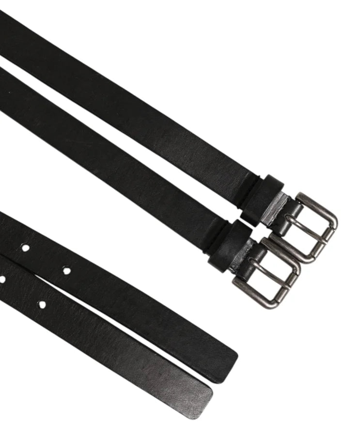 Dolce &amp; Gabbana Black Double Strap Leather Silver Buckle Belt