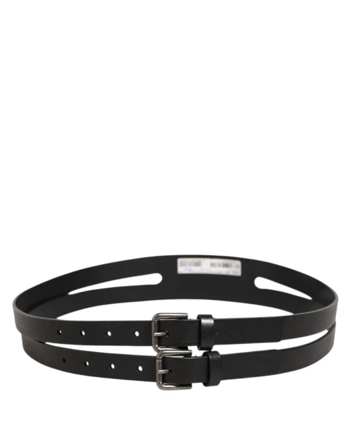 Dolce &amp; Gabbana Black Double Strap Leather Silver Buckle Belt