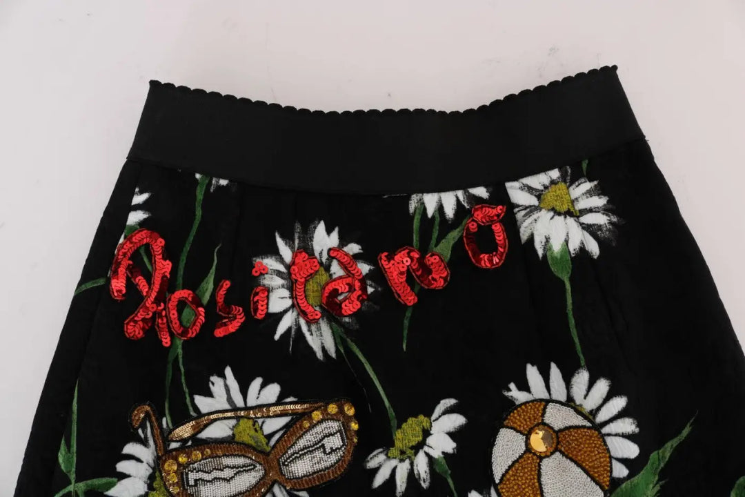 Dolce &amp; Gabbana Black Embellished Daisy Brocade Skirt