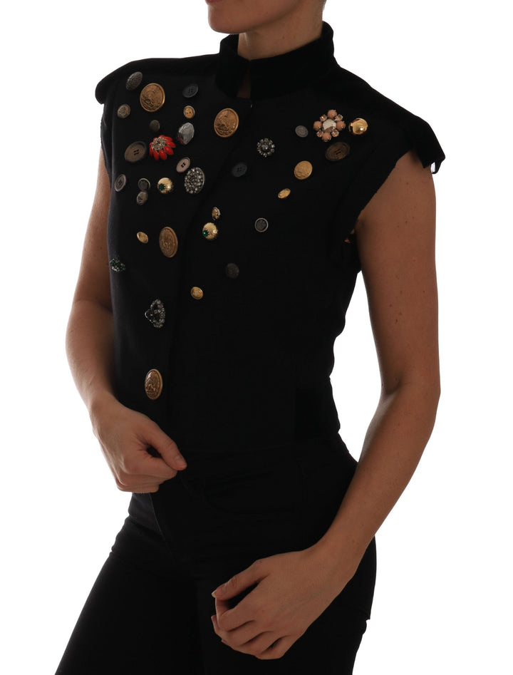 Dolce &amp; Gabbana Vests - Black Embellished Floral Military Jacket Vest