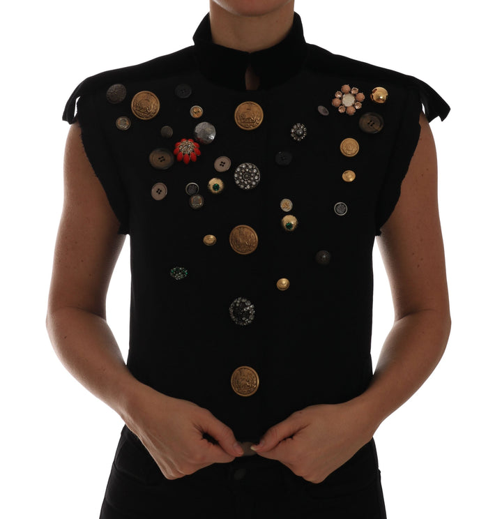 Dolce &amp; Gabbana Vests - Black Embellished Floral Military Jacket Vest