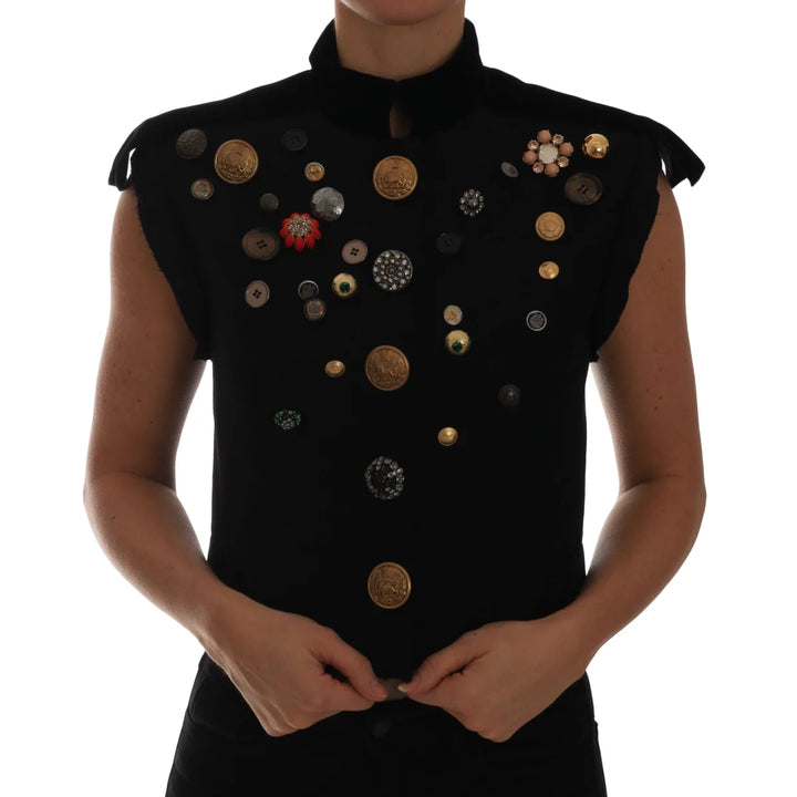 Dolce & Gabbana Black Embellished Floral Military Jacket Vest