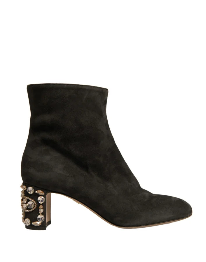 Dolce &amp; Gabbana Black Embellished Heel Ankle Boots Shoes