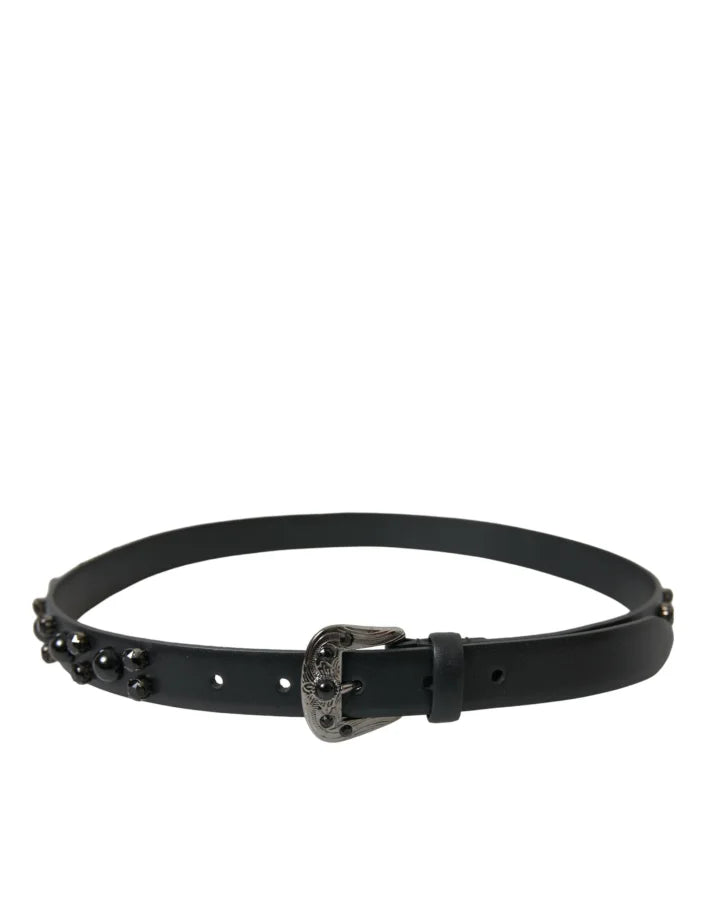 Dolce &amp; Gabbana Black Embellished Leather Engraved Buckle Belt