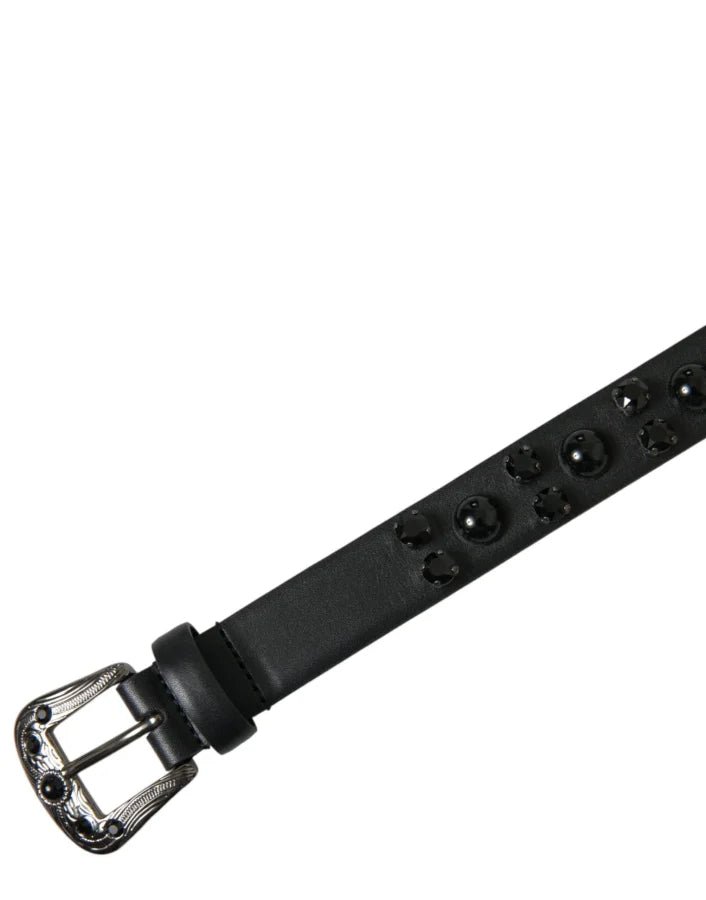 Dolce &amp; Gabbana Black Embellished Leather Engraved Buckle Belt