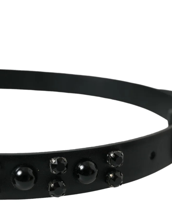 Dolce &amp; Gabbana Black Embellished Leather Engraved Buckle Belt
