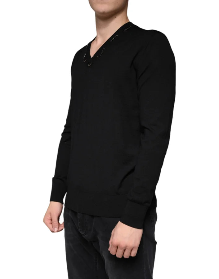 Dolce &amp; Gabbana Black Embellished V-neck Pullover Sweater