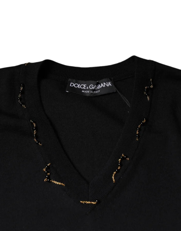 Dolce &amp; Gabbana Black Embellished V-neck Pullover Sweater