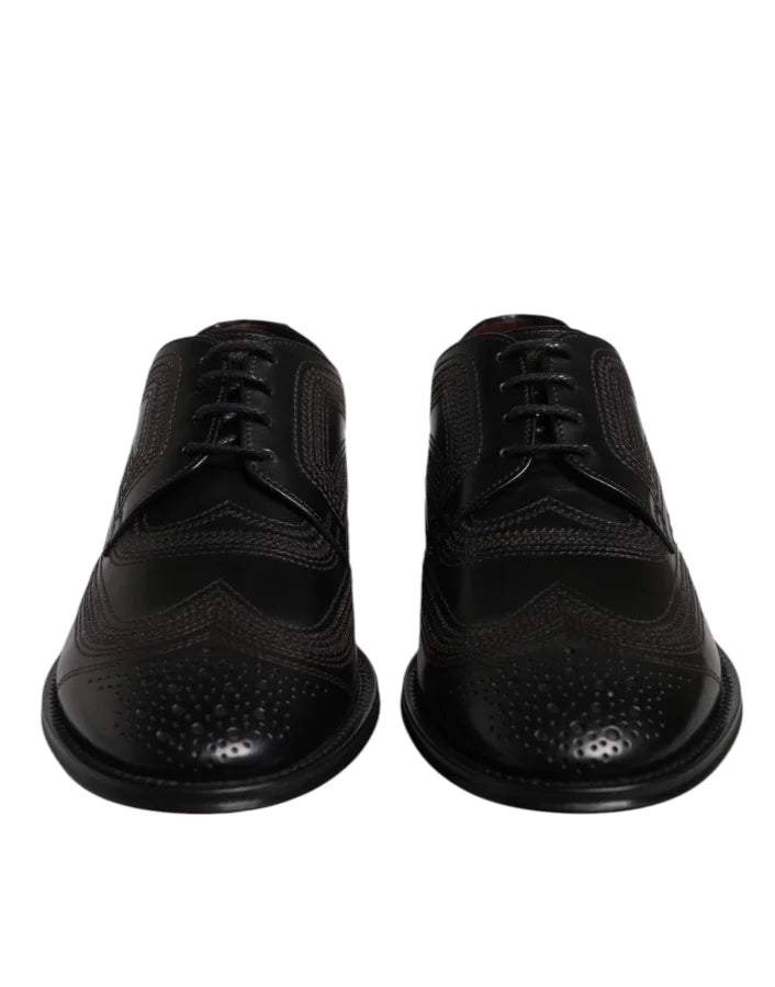 Dolce &amp; Gabbana Black Embroidered Classic Leather Derby Dress Shoes