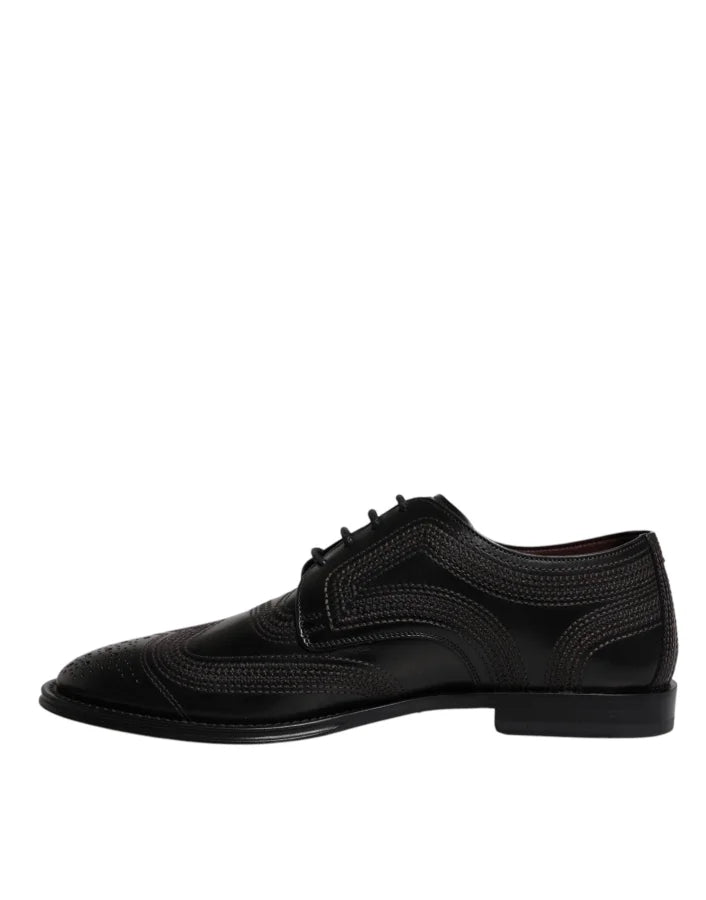 Dolce &amp; Gabbana Black Embroidered Classic Leather Derby Dress Shoes