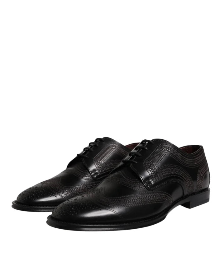 Dolce &amp; Gabbana Black Embroidered Classic Leather Derby Dress Shoes
