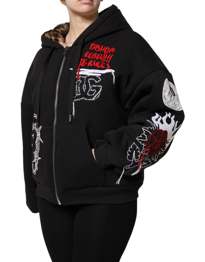 Dolce &amp; Gabbana Track Jackets - Black Embroidered Full Zip Hooded Jacket