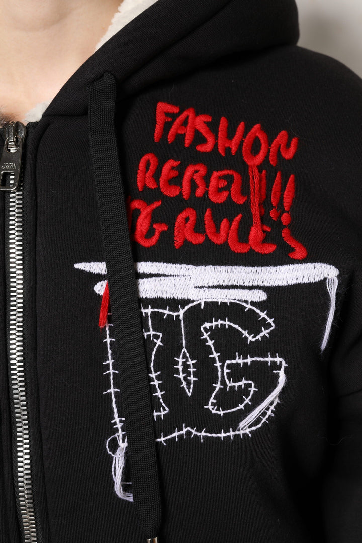 Dolce &amp; Gabbana Track Jackets - Black Embroidered Full Zip Hooded Jacket