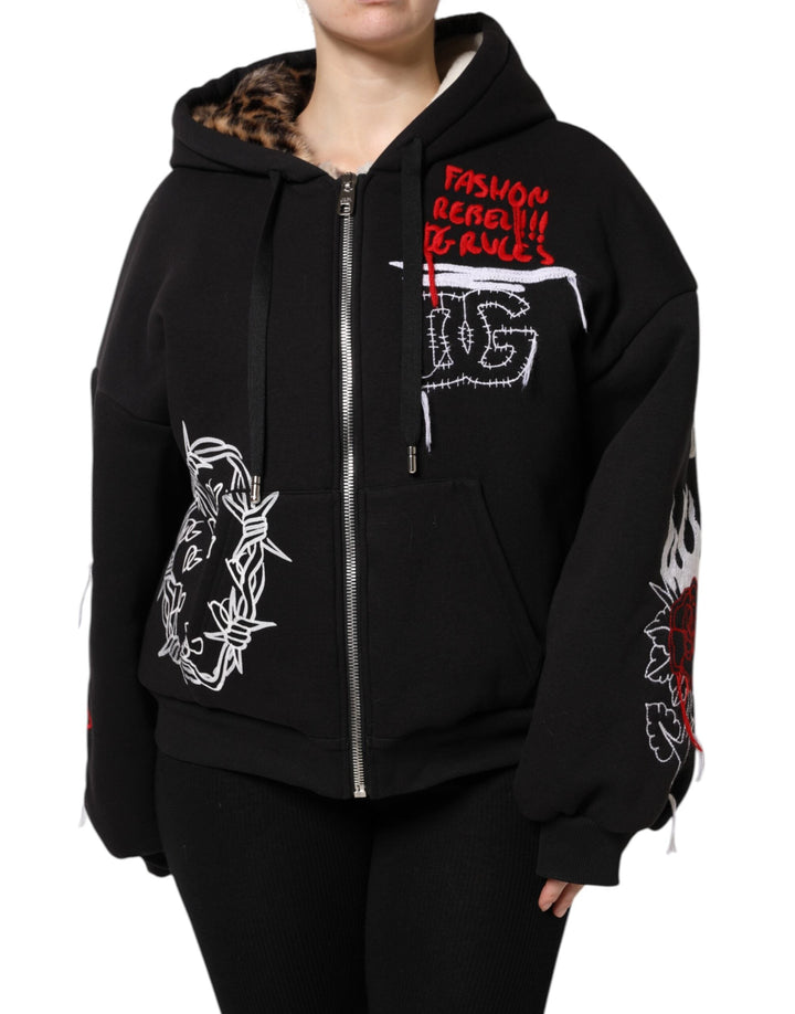 Dolce &amp; Gabbana Track Jackets - Black Embroidered Full Zip Hooded Jacket