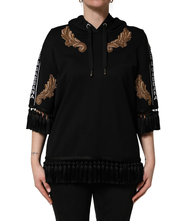 Dolce & Gabbana Hoodies - Black Embroidered Tassel Hooded Sweatshirt Sweater