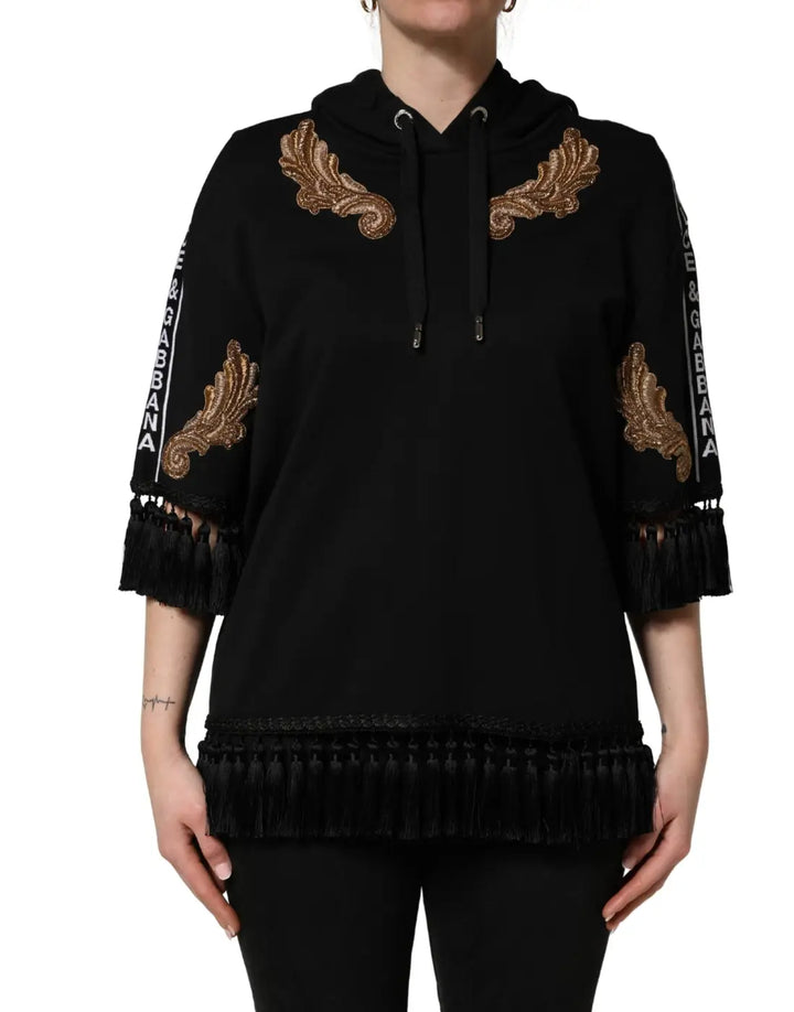 Dolce &amp; Gabbana Black Embroidered Tassel Hooded Sweatshirt Sweater