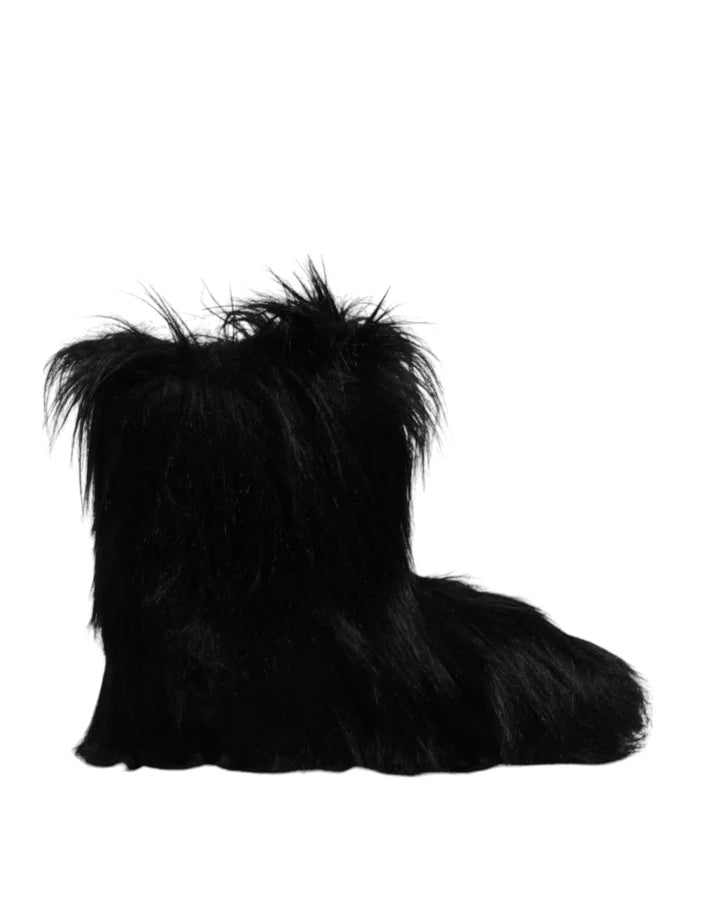 Dolce &amp; Gabbana Black Faux Fur Mid Calf Boots Shoes