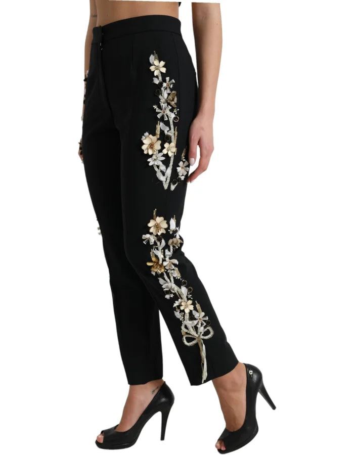 Dolce &amp; Gabbana Black Floral Applique High Waist Tapered Pants