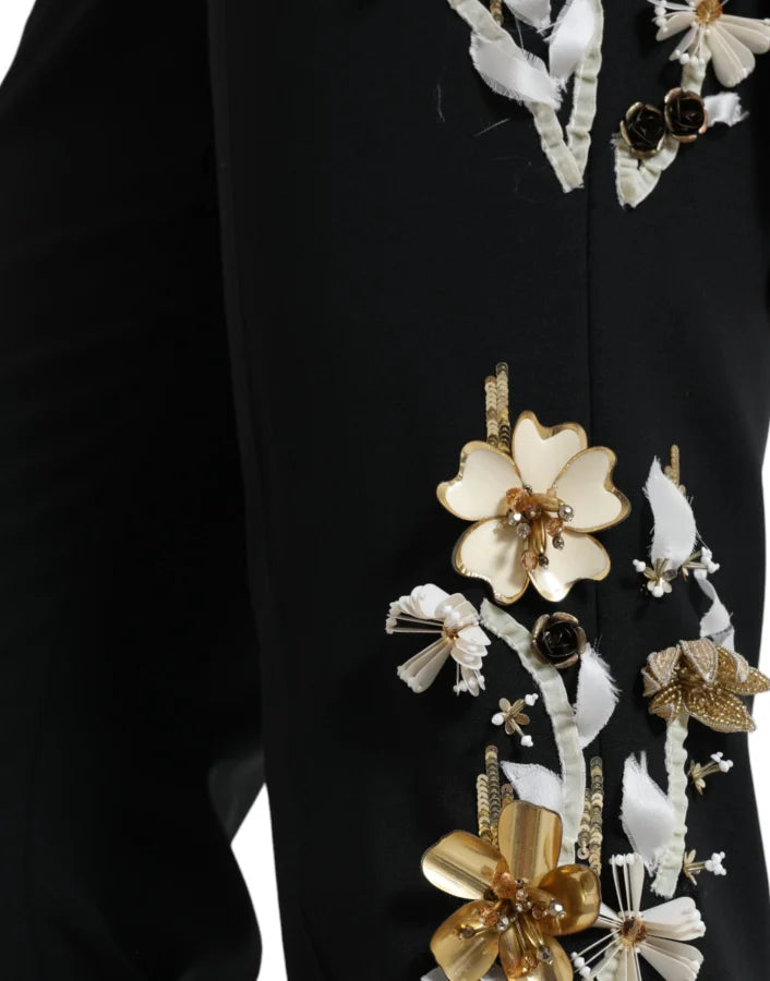 Dolce &amp; Gabbana Black Floral Applique High Waist Tapered Pants