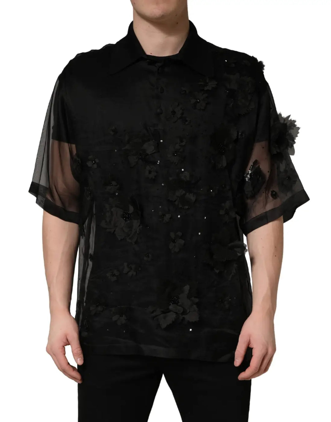 Dolce & Gabbana Black Floral Applique Sheer Short Sleeve Shirt
