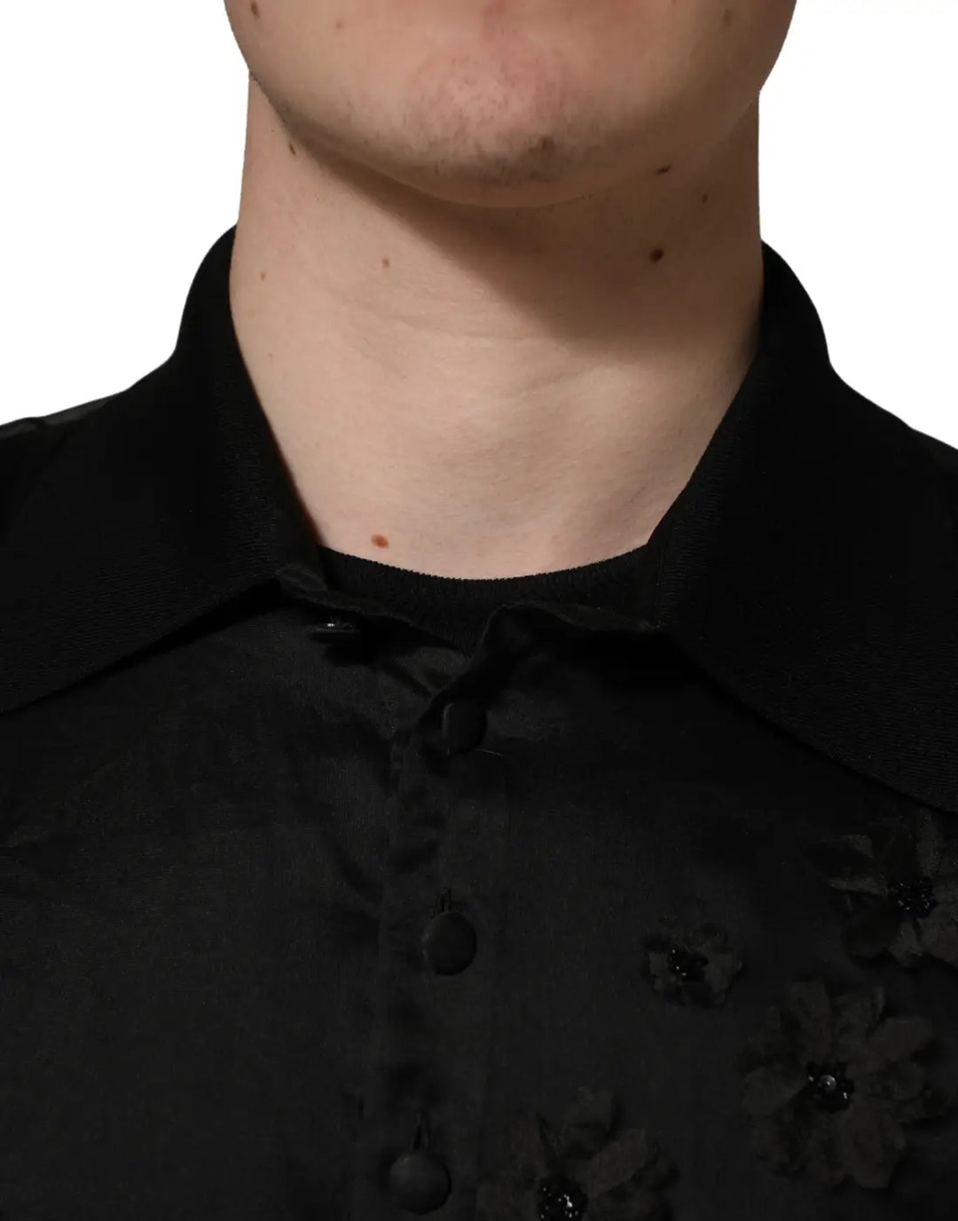 Dolce &amp; Gabbana Black Floral Applique Sheer Short Sleeve Shirt