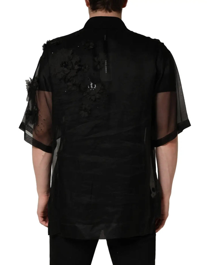Dolce &amp; Gabbana Black Floral Applique Sheer Short Sleeve Shirt