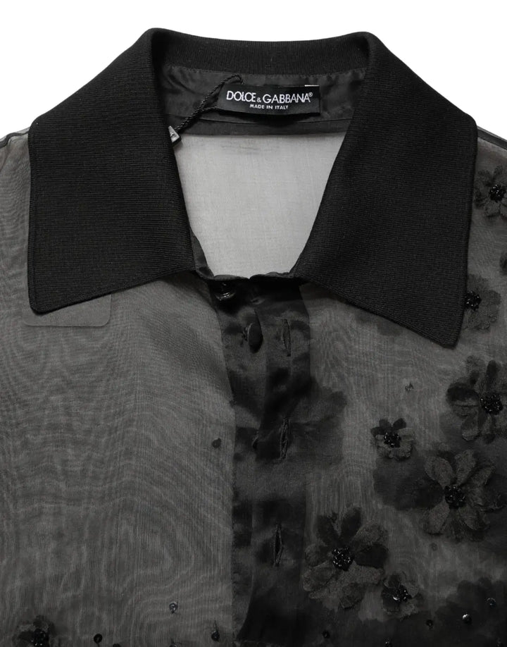 Dolce &amp; Gabbana Black Floral Applique Sheer Short Sleeve Shirt