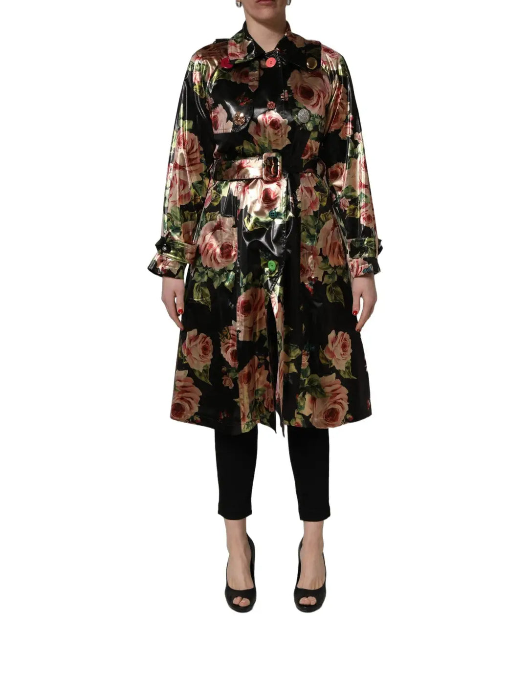 Dolce &amp; Gabbana Black Floral Belted Polyester Trench Coat Jacket