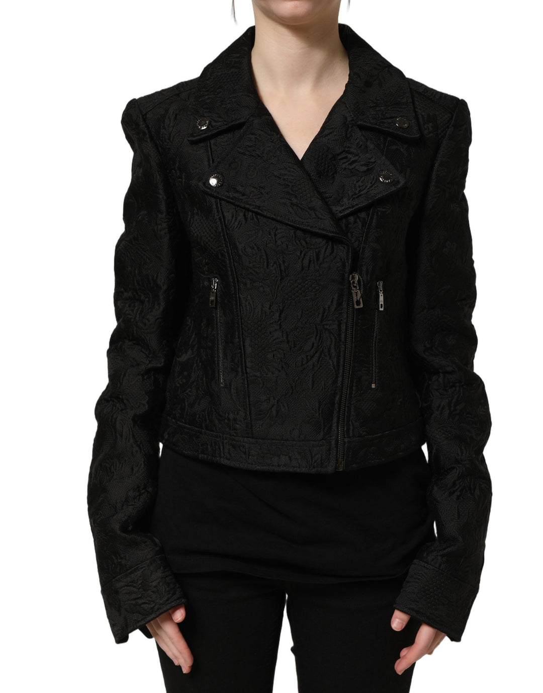 Dolce &amp; Gabbana Motorcycle Outerwear - Black Floral Brocade Biker Blouson Jacket