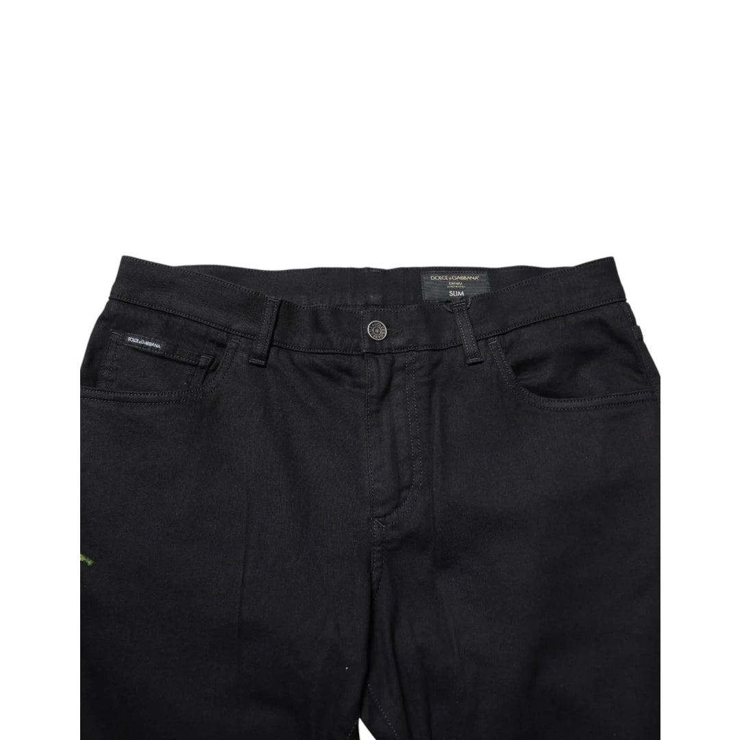 Dolce &amp; Gabbana Black Floral Cotton Skinny Men Denim Jeans