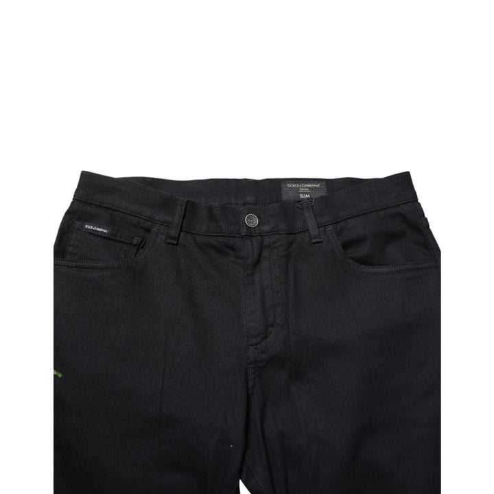 Dolce &amp; Gabbana Black Floral Cotton Skinny Men Denim Jeans