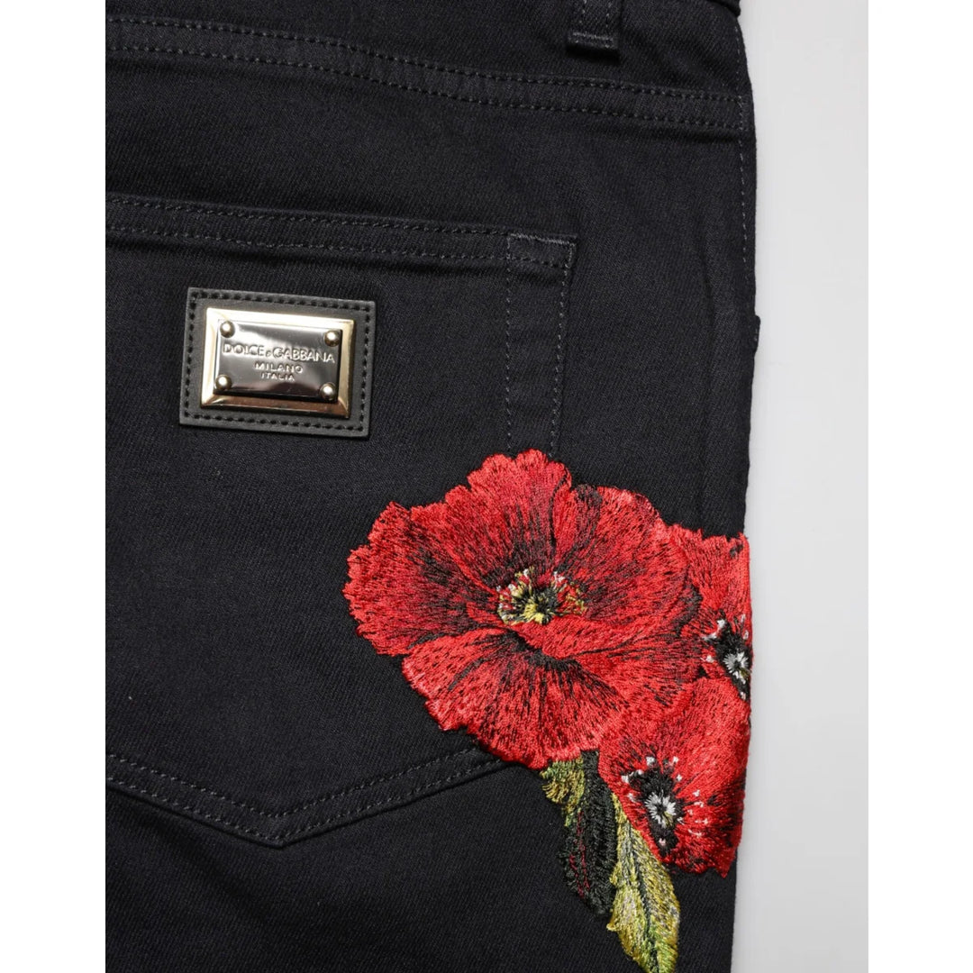Dolce &amp; Gabbana Black Floral Cotton Skinny Men Denim Jeans