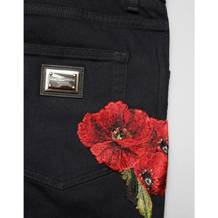 Dolce &amp; Gabbana Black Floral Cotton Skinny Men Denim Jeans