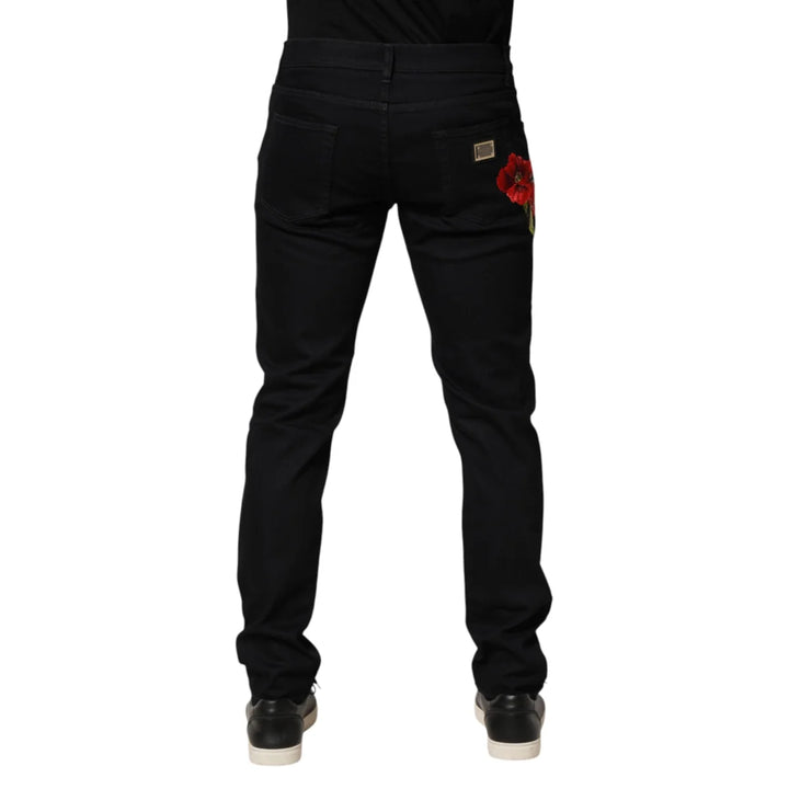 Dolce &amp; Gabbana Black Floral Cotton Skinny Men Denim Jeans